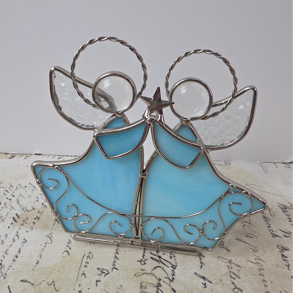 Blue Stained Glass Angels Holding Star Figurine Votive Candle Holder Christmas